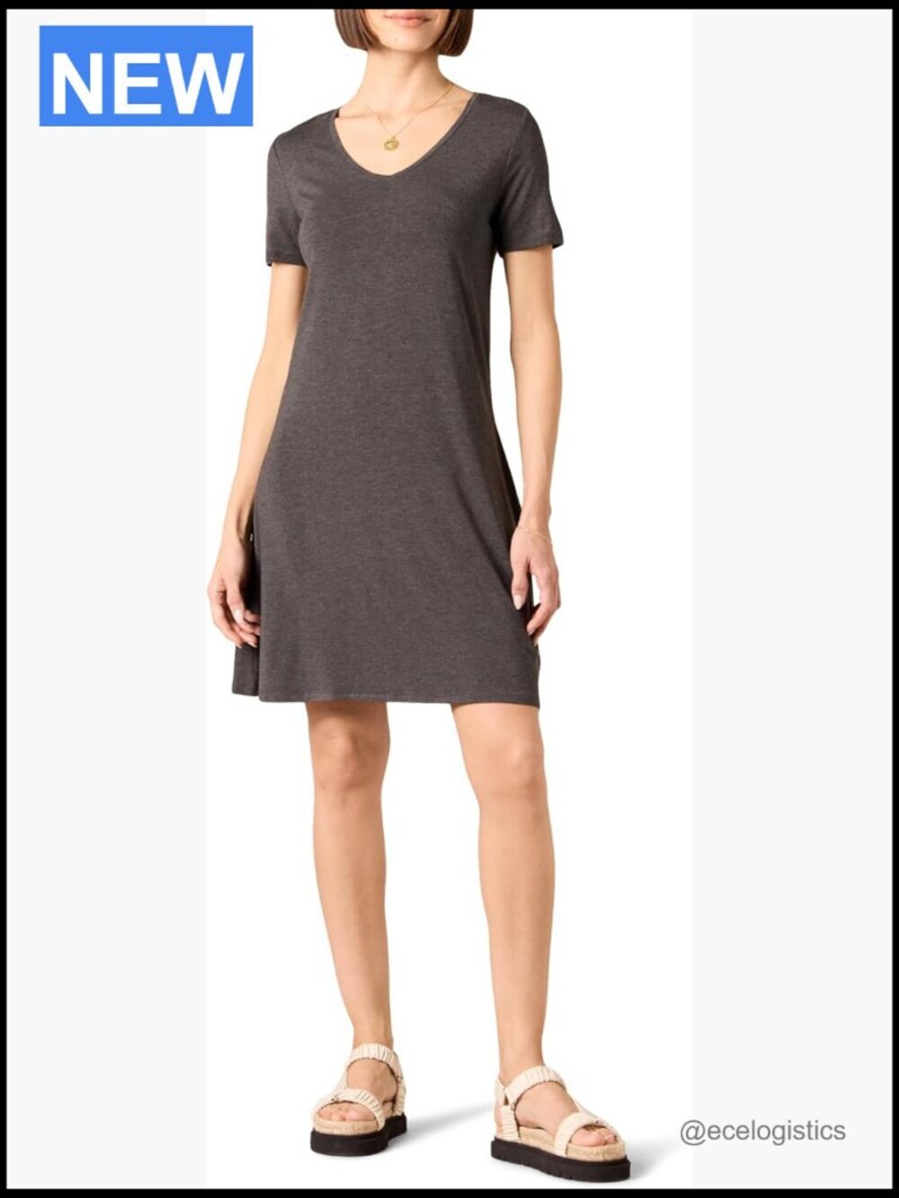 Short-Sleeve V-Neck Swing Dress, Spring/Summer, Rayon Blend